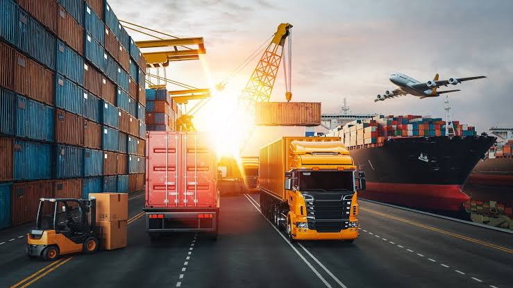 Logistics transport with containers, truck, ship, and airplane